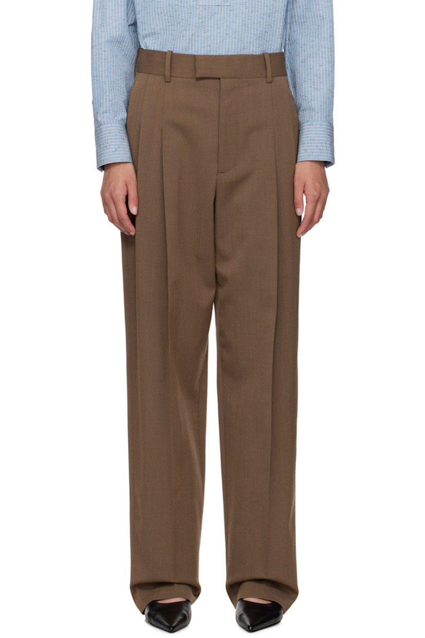 Stretch wool-blend tricotine trousers.

· Straight-leg
· Belt loops
· Three-pocket styling
· Zip fly
· Creased legs
· Partial poplin lining

Supplier color: Ebony/Light Jute Melange
