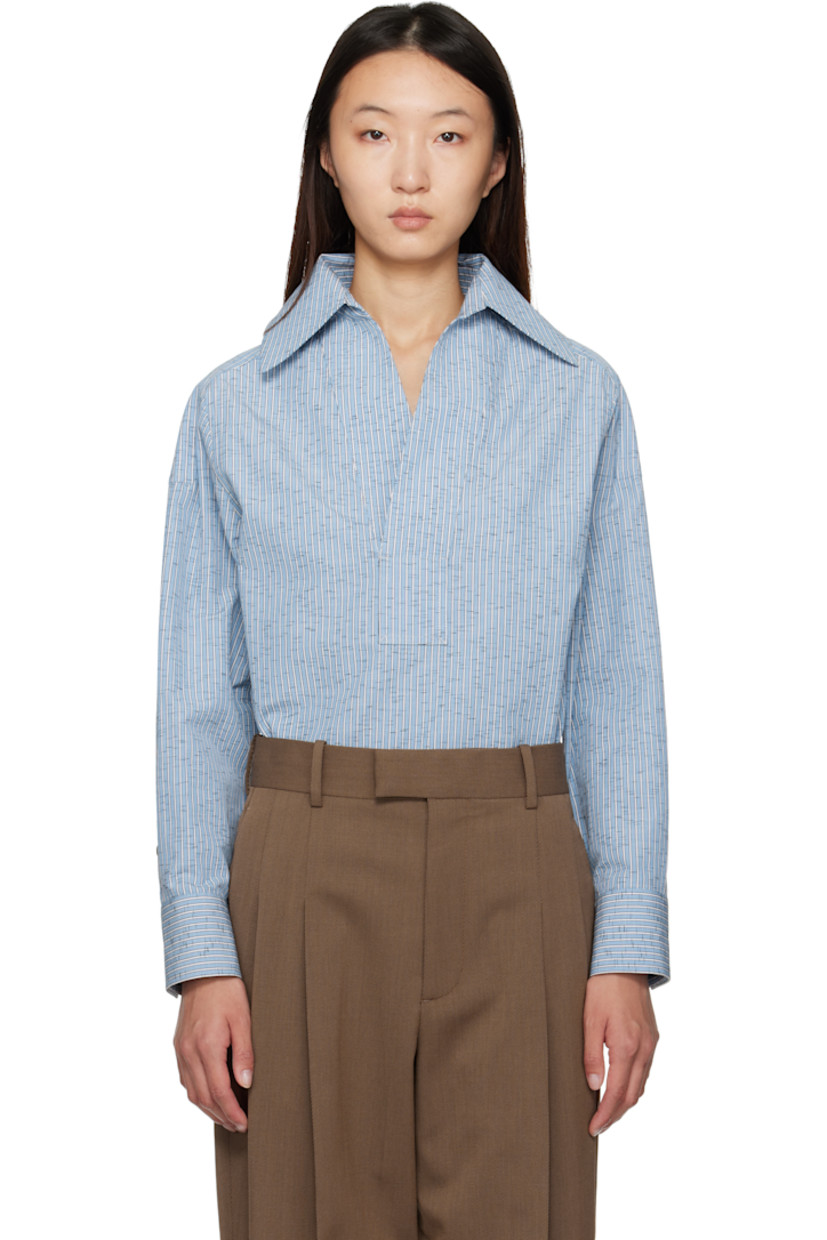 Cotton- and linen-blend dobby cloth shirt.

· Stripe pattern throughout
· Spread collar
· Open placket
· Shirttail hem
· Dropped shoulders
· Buttoned barrel cuffs
· Box pleat at back

Supplier color: Blue/White