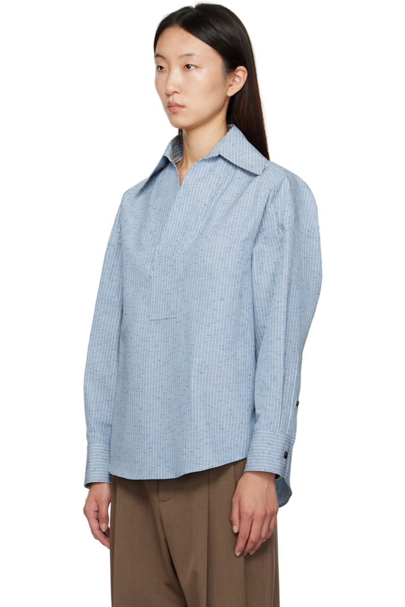 Cotton- and linen-blend dobby cloth shirt.

· Stripe pattern throughout
· Spread collar
· Open placket
· Shirttail hem
· Dropped shoulders
· Buttoned barrel cuffs
· Box pleat at back

Supplier color: Blue/White