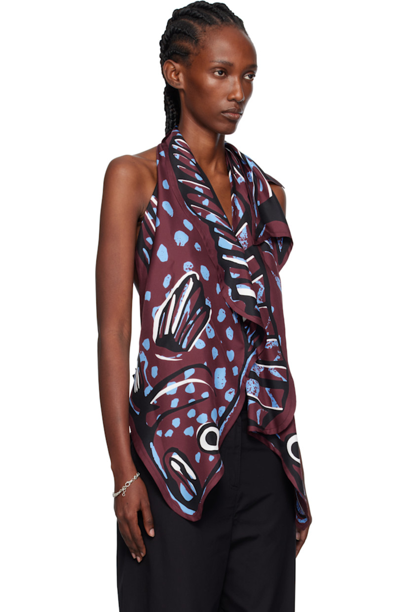 Silk twill top.

· Draping and printed graphics throughout
· Draped plunging V-neck
· Self-tie halter strap
· Adjustable and detachable cinch strap at open back

Supplier color: Black cherry/Admiral