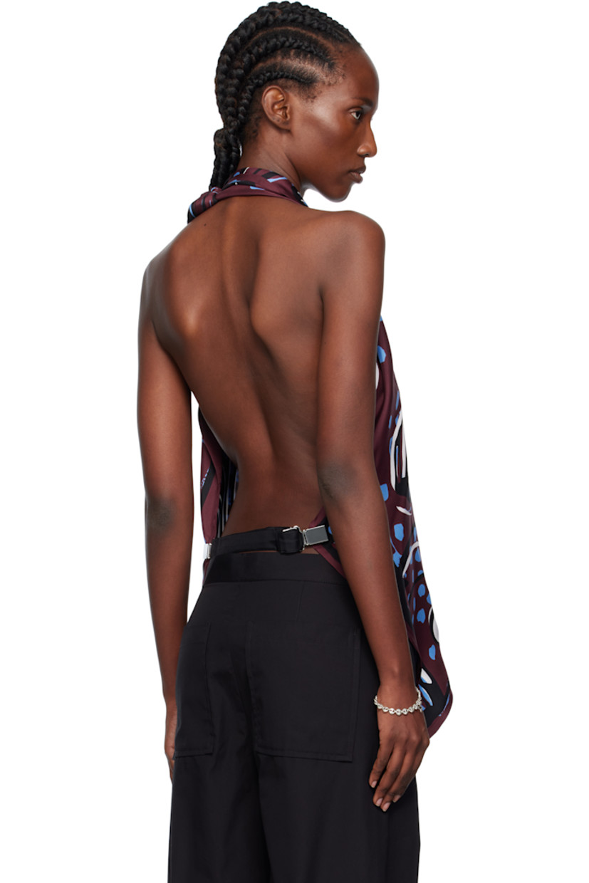 Silk twill top.

· Draping and printed graphics throughout
· Draped plunging V-neck
· Self-tie halter strap
· Adjustable and detachable cinch strap at open back

Supplier color: Black cherry/Admiral