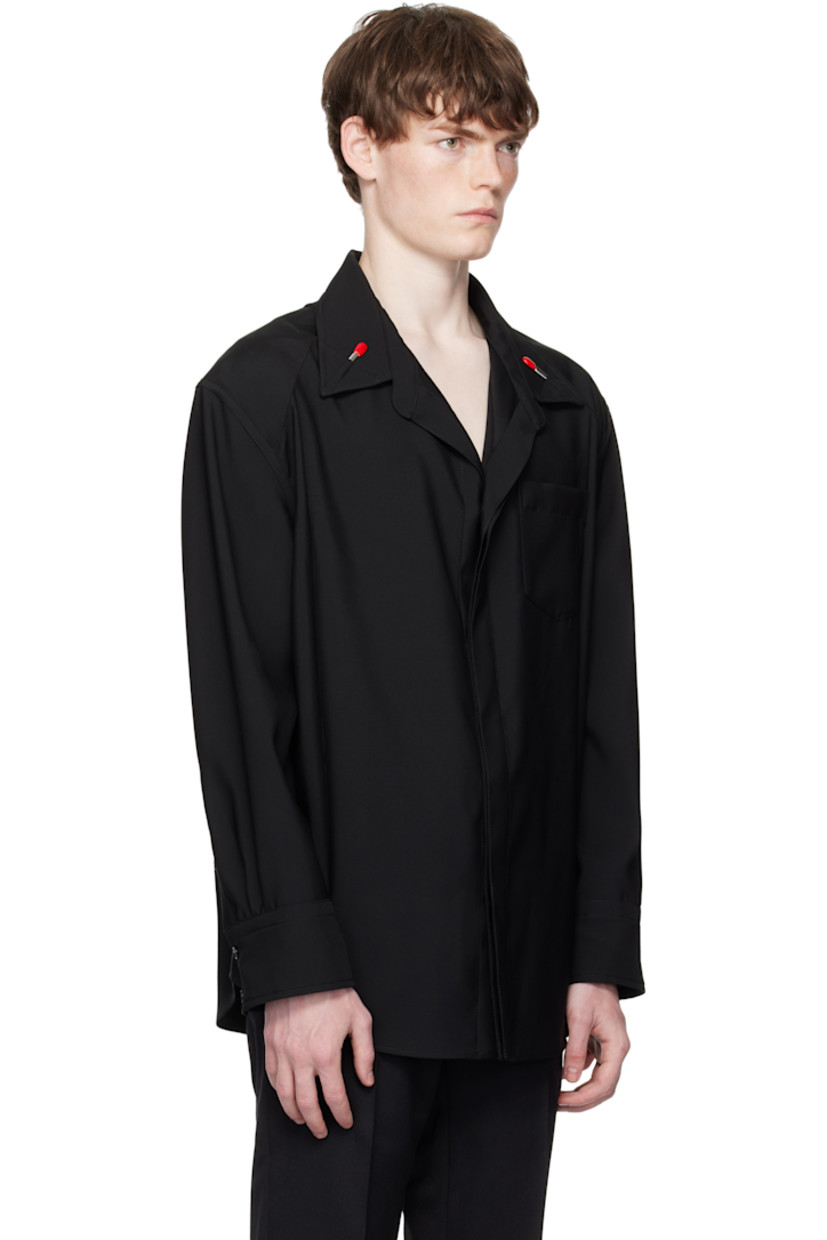 Wool barathea shirt.

· Open spread collar
· Removable enameled hardware at collar
· Concealed button closure
· Patch pocket at chest
· Twin creases at front
· Shirttail hem
· Panel at shoulders
· Buttoned barrel cuffs

Supplier color: Black