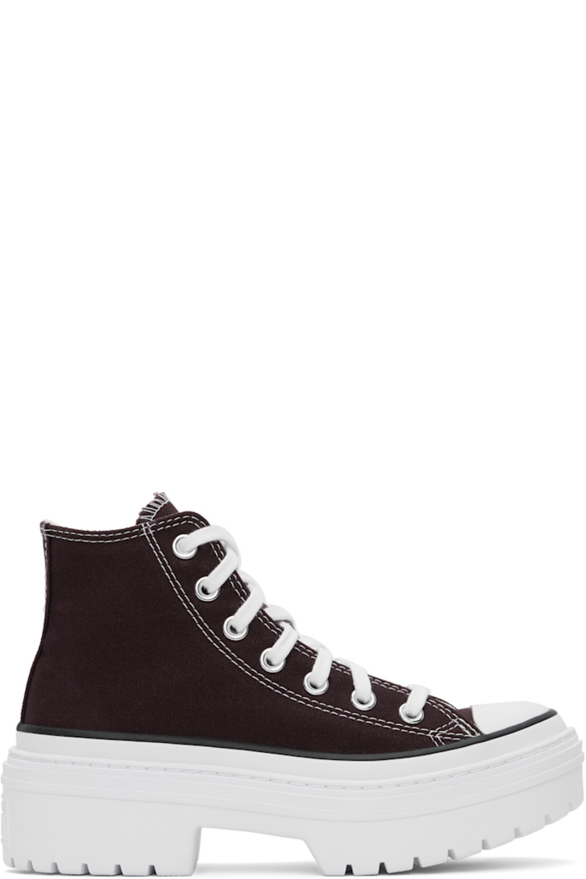 High-top canvas sneakers in burgundy.

· Rubber cap toe
· Lace-up closure
· Logo patch at inner side
· Cushioned OrthoLite® footbed
· Mesh lining
· Logo embossed at heel
· Lugged rubber platform sole
· Contrast stitching in white
· Platform: H2"

Supplier color: Bloodstone/White/Black