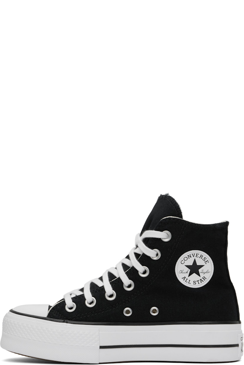 High-top canvas sneakers in black.

· Rubber cap toe
· Lace-up closure
· Bonded logo and eyelets at inner side
· Cushioned OrthoLite® footbed
· Mesh lining
· Rubberized logo patch at heel
· Treaded rubber platform sole
· Platform: H1.25"

Supplier color: Black/White/White
