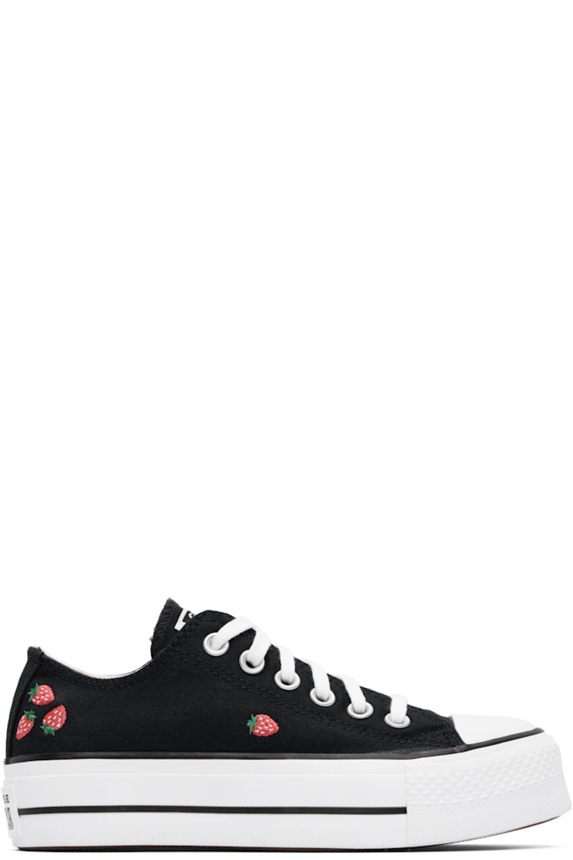 Low-top canvas sneakers in black.

· Rubber cap toe
· Lace-up closure
· Logo patch at tongue
· Graphics embroidered at sides
· Eyelets at inner side
· Rubberized logo patch at heel
· Cushioned OrthoLite® footbed
· Treaded rubber platform sole
· Platform: H1.5"

Supplier color: Black/Soft red/White