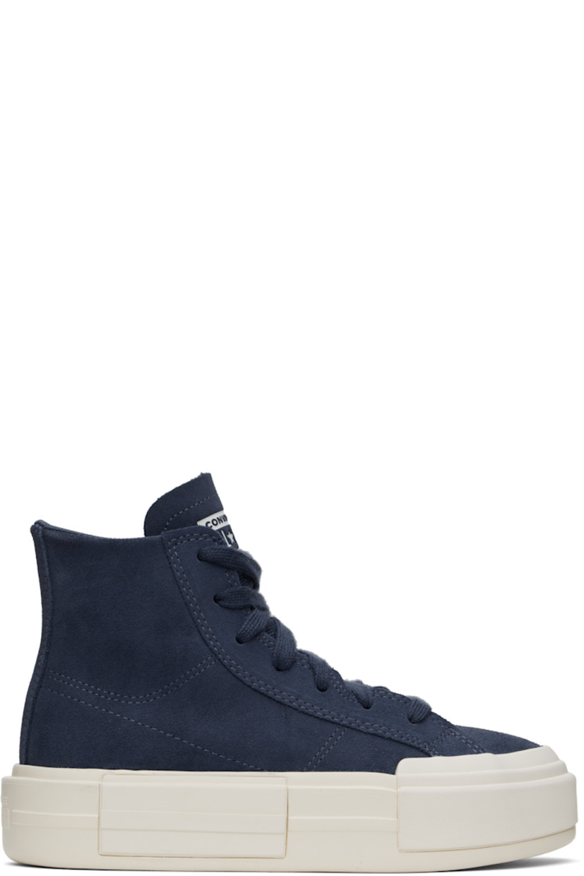 High-top suede sneakers in blue.

· Lace-up closure
· Logo embossed at tongue
· Logo patch at inner side
· Cushioned Ortholite® footbed
· Mesh lining
· Logo embossed at platform midsole
· Treaded rubber sole
· Platform: H2"

Supplier color: Dark waters/Egret/Black