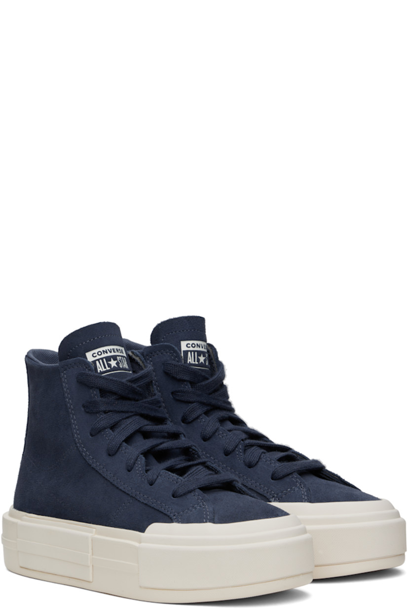 High-top suede sneakers in blue.

· Lace-up closure
· Logo embossed at tongue
· Logo patch at inner side
· Cushioned Ortholite® footbed
· Mesh lining
· Logo embossed at platform midsole
· Treaded rubber sole
· Platform: H2"

Supplier color: Dark waters/Egret/Black
