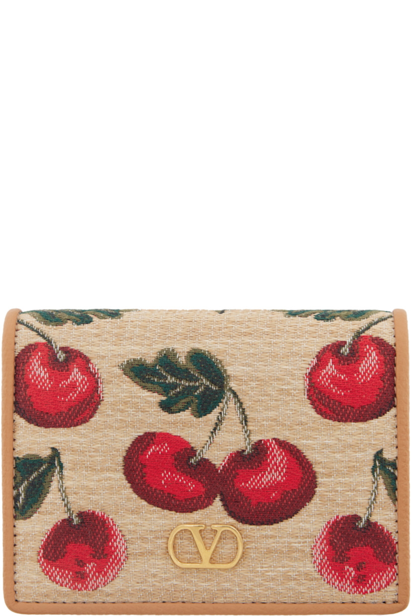 Woven and pebble-grained calfskin bifold wallet in beige. 

· Jacquard graphics throughout
· Logo hardware at face
· Press-stud closure
· Six card slots at interior 
· Zip compartment 
· Moiré lining 
· Gold-tone hardware
· H3.5" x W4.5" x D1.25"

Supplier color: Natural/Red