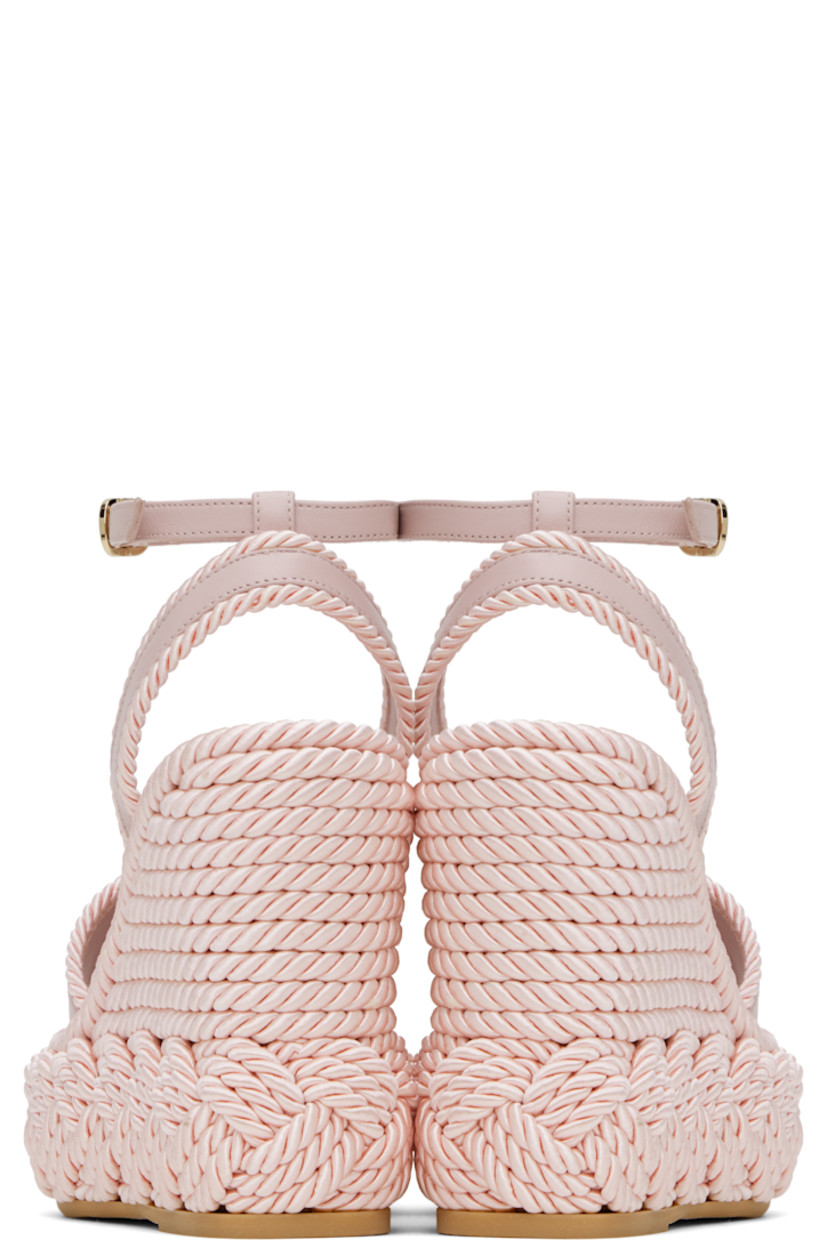 Buffed nappa leather and silk torchon heeled sandals in pink.

· Open toe
· Logo-embroidered strap at vamp
· Pin-buckle ankle strap
· Grosgrain trim at inner side
· Buffed leather lining
· Logo stamp at padded footbed
· Covered platform midsole and wedge heel
· Treaded rubber sole
· Platform: H2"
· Heel: H5"

Supplier color: Water rose