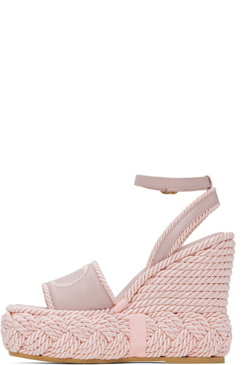 Buffed nappa leather and silk torchon heeled sandals in pink.

· Open toe
· Logo-embroidered strap at vamp
· Pin-buckle ankle strap
· Grosgrain trim at inner side
· Buffed leather lining
· Logo stamp at padded footbed
· Covered platform midsole and wedge heel
· Treaded rubber sole
· Platform: H2"
· Heel: H5"

Supplier color: Water rose