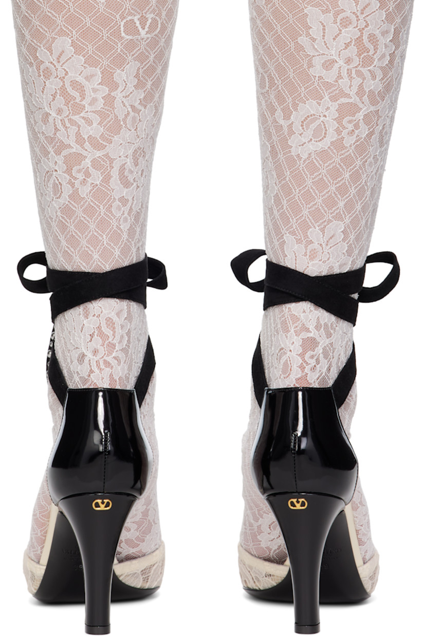 Patent calfskin and lace heels. 

· Pointed toe
· Studs at wraparound leather ankle strap
· Logo hardware at heel 
· Covered stiletto heel with rubber injection 
· Leather sole 
· Heel: H3.5"

Supplier color: Ivory/Nude/Black