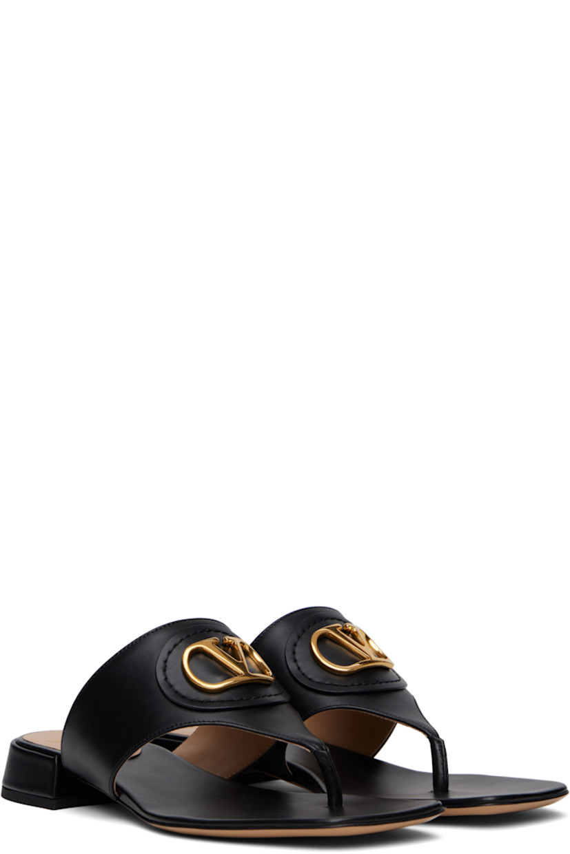 Buffed leather flat sandals in black.

· Open square toe
· Thong-style strap and logo hardware at vamp
· Logo stamp at padded footbed
· Covered block heel with rubber injection
· Leather sole

Supplier color: Nero