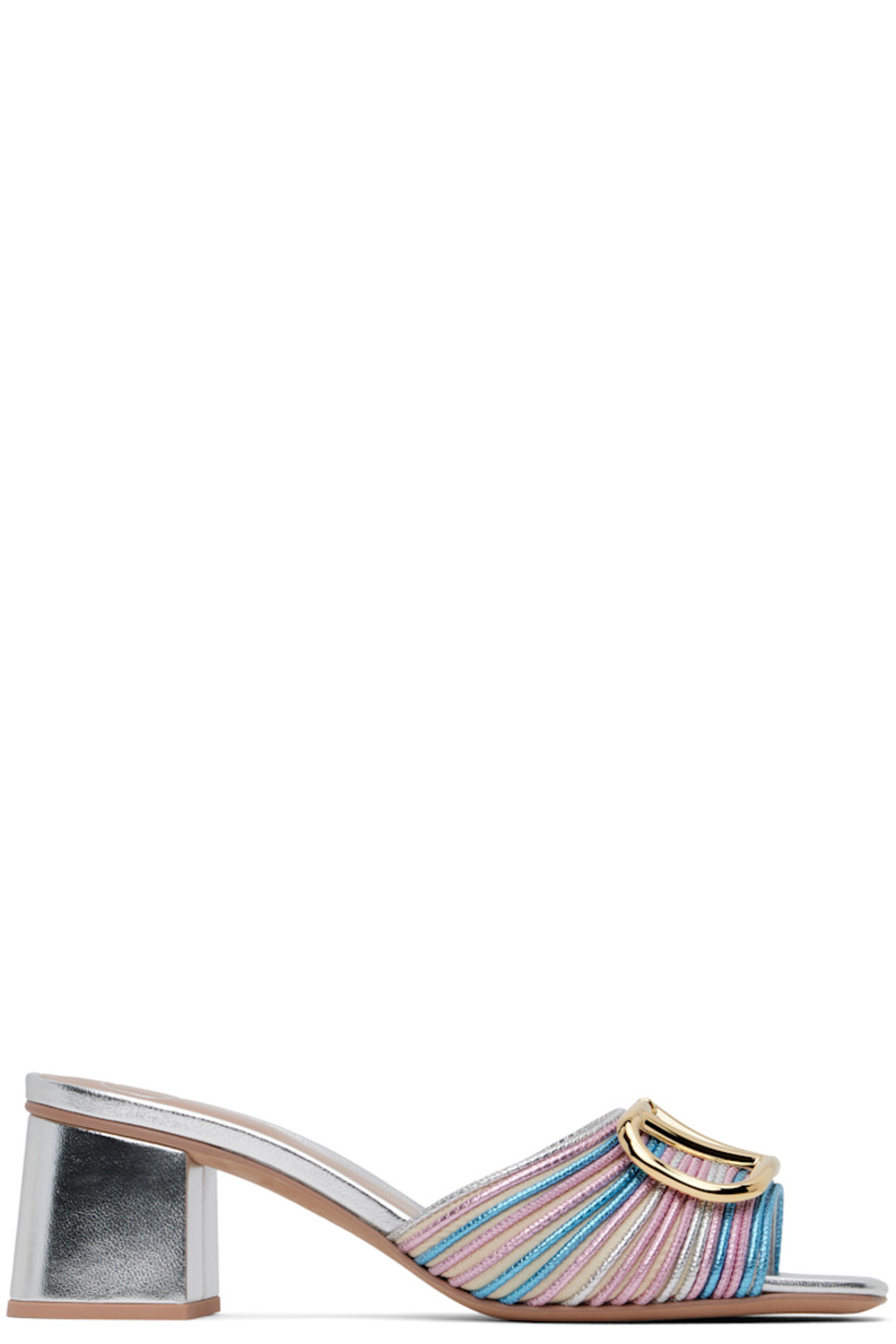Buffed leather heeled sandals in silver tone, pink, and blue. 

· Open square toe
· Logo hardware at vamp
· Padded leather footbed
· Covered block heel with rubber injection
· Nubuck sole
· Heel: H1.75"

Supplier color: Multicolor/Silver