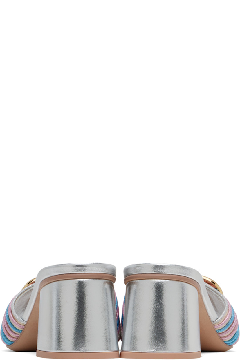 Buffed leather heeled sandals in silver tone, pink, and blue. 

· Open square toe
· Logo hardware at vamp
· Padded leather footbed
· Covered block heel with rubber injection
· Nubuck sole
· Heel: H1.75"

Supplier color: Multicolor/Silver