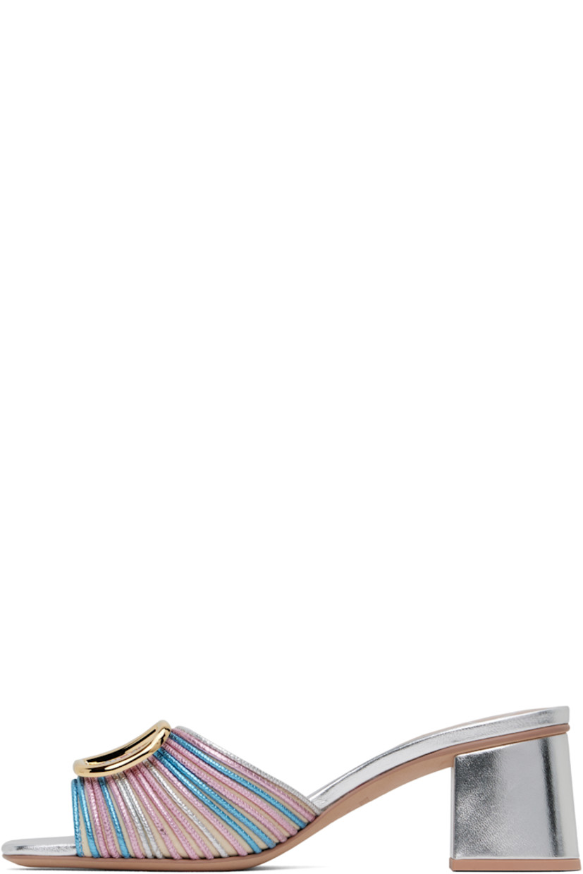 Buffed leather heeled sandals in silver tone, pink, and blue. 

· Open square toe
· Logo hardware at vamp
· Padded leather footbed
· Covered block heel with rubber injection
· Nubuck sole
· Heel: H1.75"

Supplier color: Multicolor/Silver