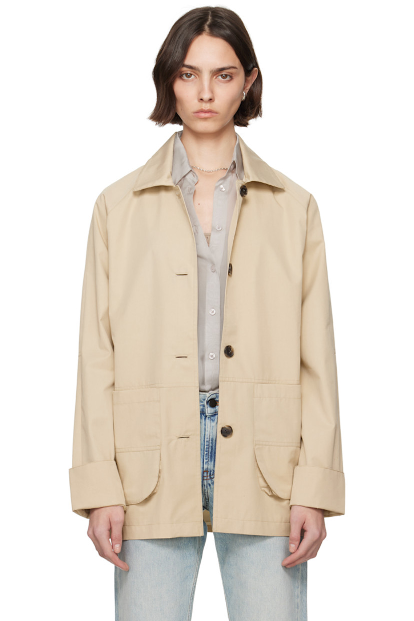 Oversized cotton- and nylon-blend gabardine jacket.

· Spread collar
· Button closure
· Patch pockets
· Button vent at side seams
· Raglan sleeves
· Storm flap at back
· Full bemberg satin lining

Supplier color: Oyster compact cotton