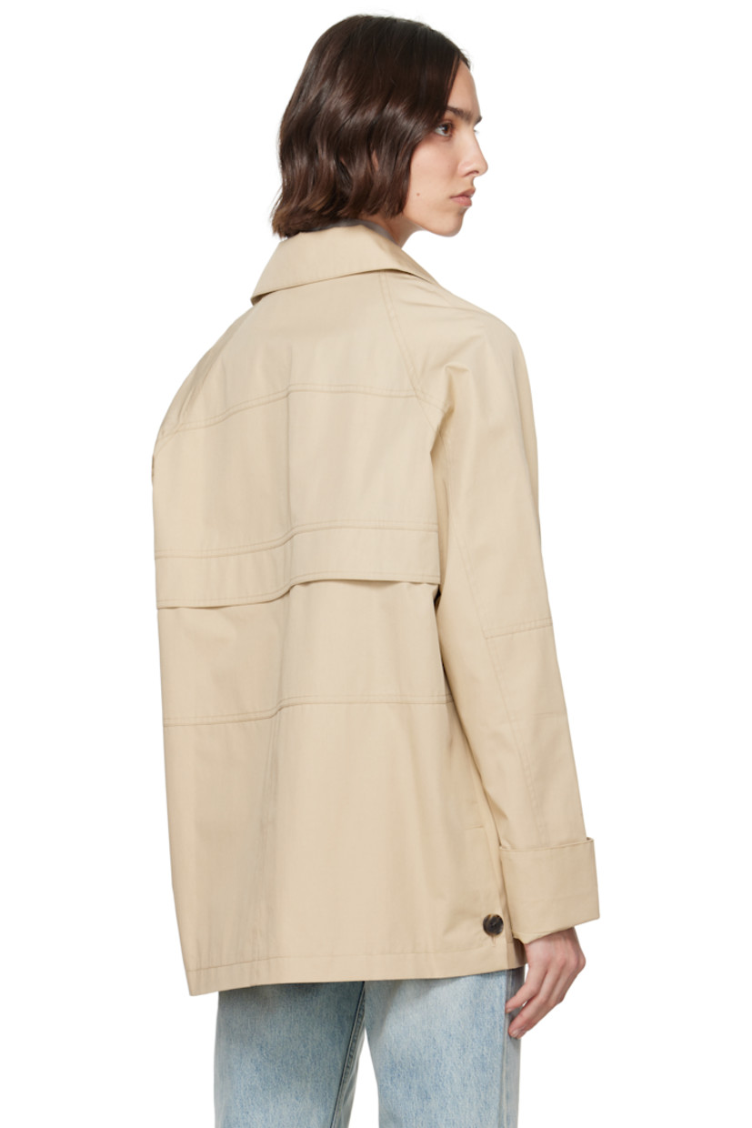 Oversized cotton- and nylon-blend gabardine jacket.

· Spread collar
· Button closure
· Patch pockets
· Button vent at side seams
· Raglan sleeves
· Storm flap at back
· Full bemberg satin lining

Supplier color: Oyster compact cotton