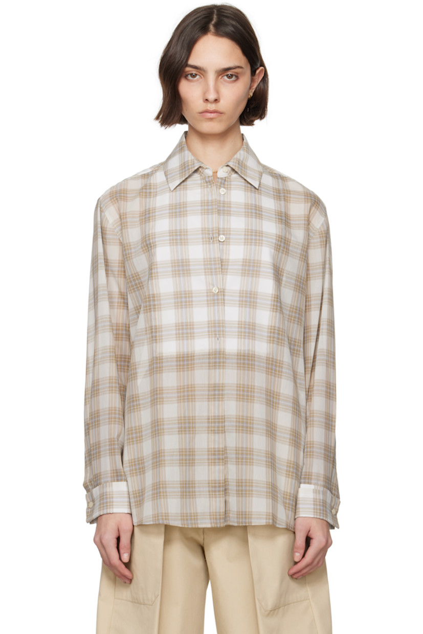 Semi-sheer polyester- and cotton-blend voile shirt. Check pattern throughout.

· Spread collar
· Button closure
· Layered panel at front
· Shirttail hem
· French cuffs
· Box pleat at back yoke

Supplier color: Beige plaid