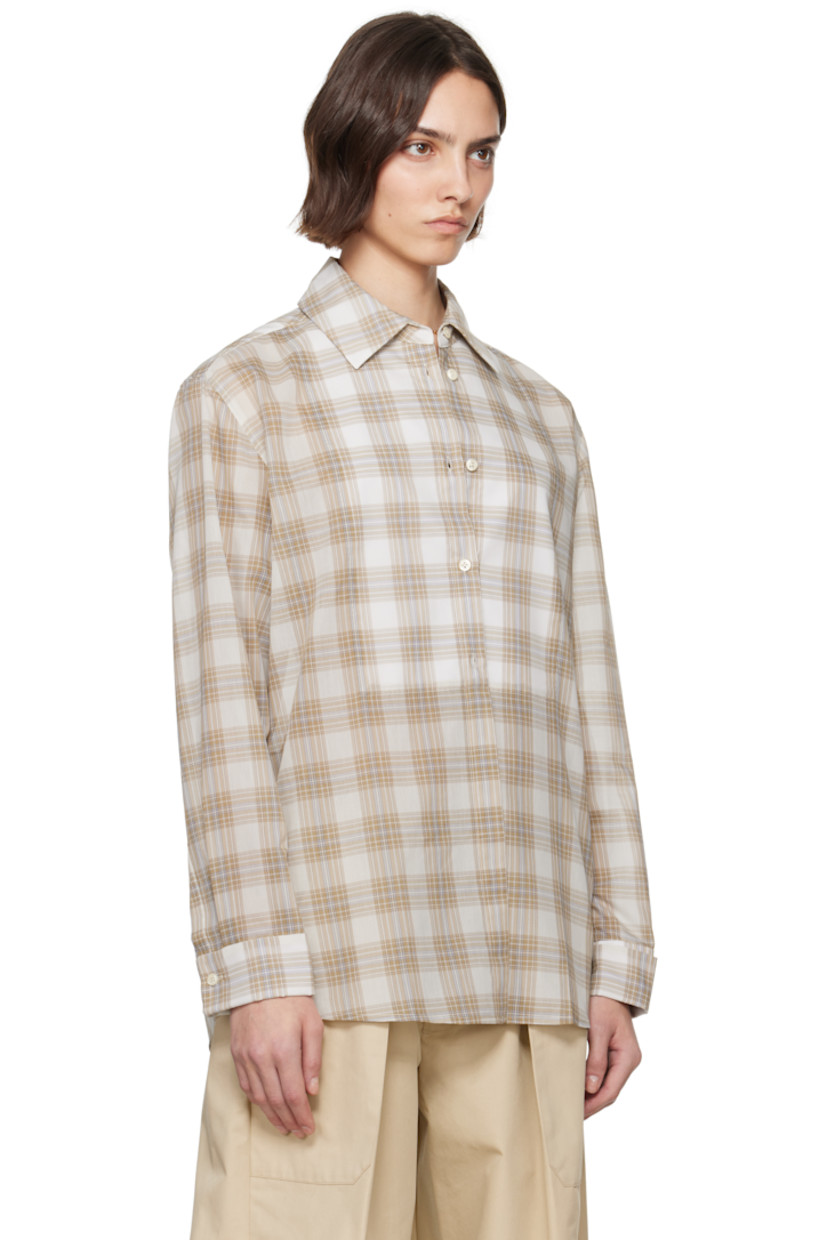 Semi-sheer polyester- and cotton-blend voile shirt. Check pattern throughout.

· Spread collar
· Button closure
· Layered panel at front
· Shirttail hem
· French cuffs
· Box pleat at back yoke

Supplier color: Beige plaid