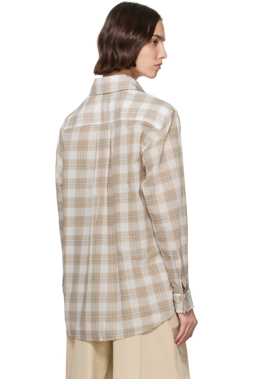 Semi-sheer polyester- and cotton-blend voile shirt. Check pattern throughout.

· Spread collar
· Button closure
· Layered panel at front
· Shirttail hem
· French cuffs
· Box pleat at back yoke

Supplier color: Beige plaid