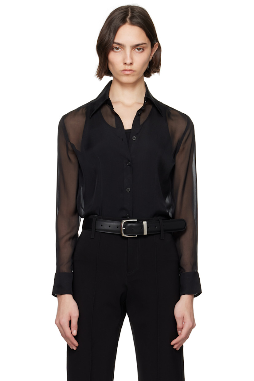 Sheer silk chiffon shirt.

· Spread collar
· Button closure
· Darts at front and back
· Shirttail hem
· Buttoned barrel cuffs

Supplier color: Black silk chiffon