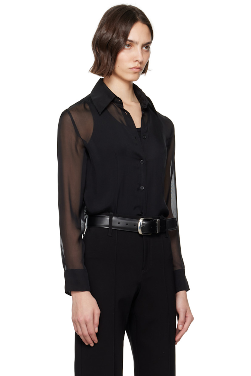 Sheer silk chiffon shirt.

· Spread collar
· Button closure
· Darts at front and back
· Shirttail hem
· Buttoned barrel cuffs

Supplier color: Black silk chiffon