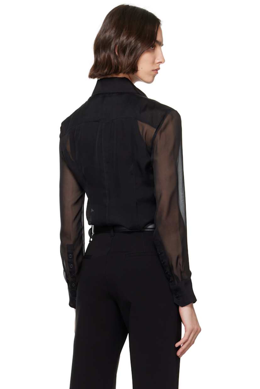 Sheer silk chiffon shirt.

· Spread collar
· Button closure
· Darts at front and back
· Shirttail hem
· Buttoned barrel cuffs

Supplier color: Black silk chiffon