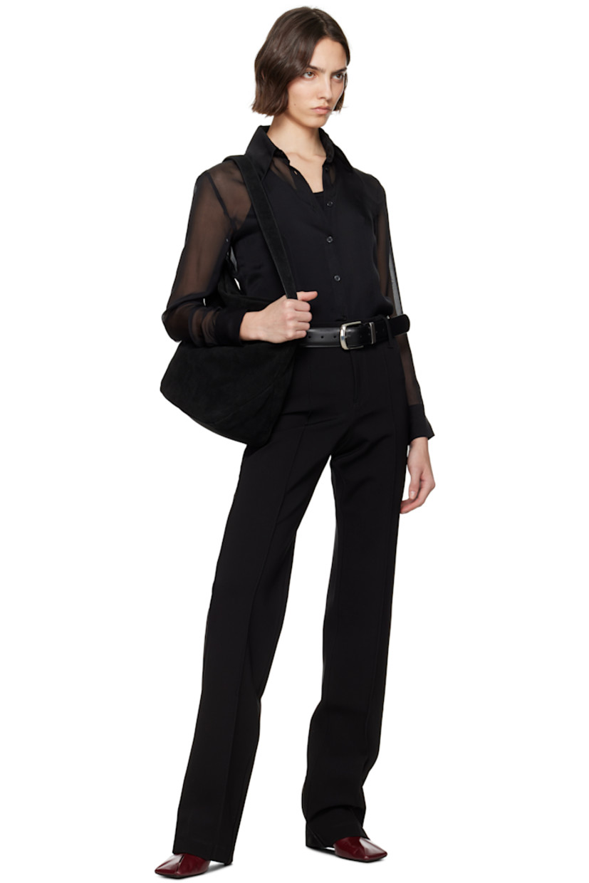 Sheer silk chiffon shirt.

· Spread collar
· Button closure
· Darts at front and back
· Shirttail hem
· Buttoned barrel cuffs

Supplier color: Black silk chiffon