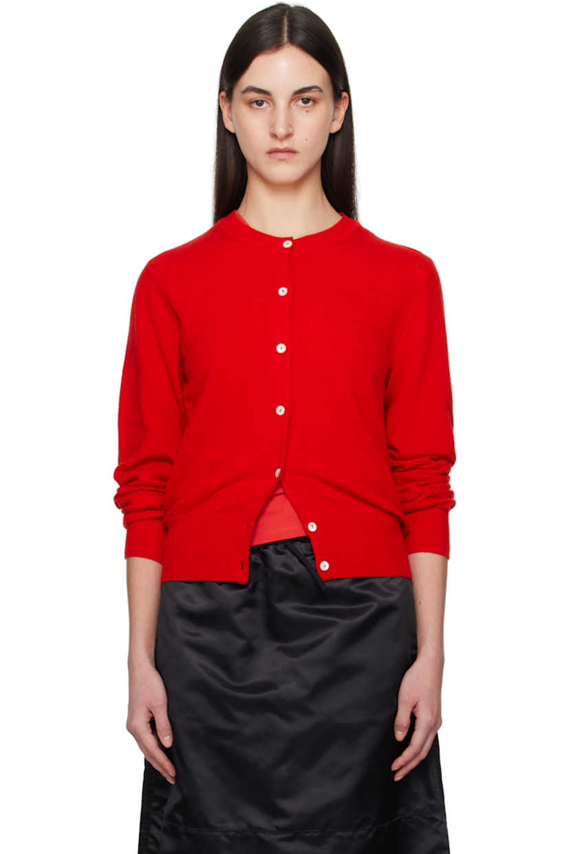 Lightweight knit wool cardigan. 

· Rib-knit crewneck, hem, and cuffs
· Button closure
· Logo-engraved mother-of-pearl hardware

Supplier color: Red