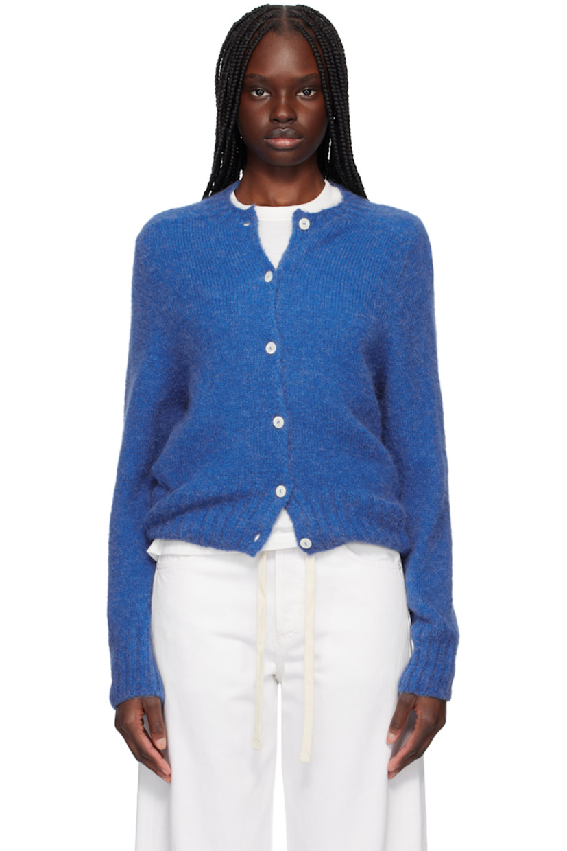 Knit stretch alpaca-blend cardigan.

· Rib-knit crewneck, hem, and cuffs
· Button closure
· Saddle shoulders

Supplier color: Pacific blue