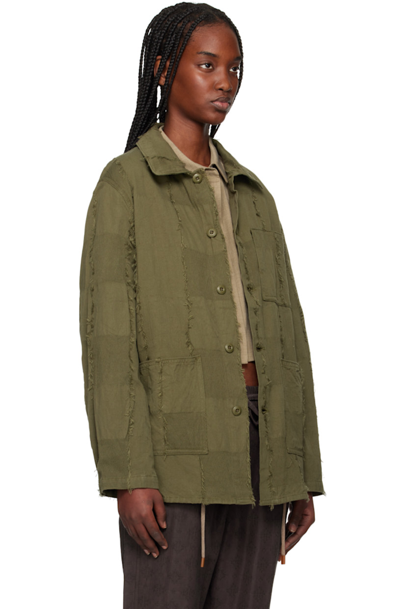 Cotton ripstop and cotton twill jacket. Frayed edges throughout. 

· Paneled construction  
· Spread collar
· Button closure
· Patch pockets
· Adjustable button fastening at cuffs
· Central seam at back 
· Unlined

Supplier color: Olive