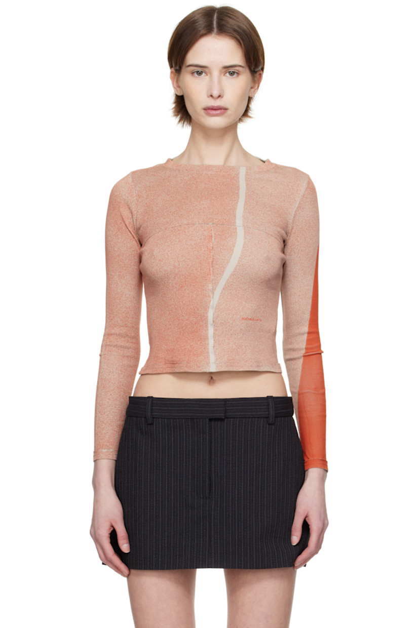 Garment-washed cotton jersey T-shirt. Sprayed-dye pattern and exposed seams with raw edges throughout. 

· Rib-knit crewneck
· Stripe at front and back
· Logo printed at front
· Cropped hem

Each item is unique. Please note coloration may vary slightly.

Supplier color: Ember