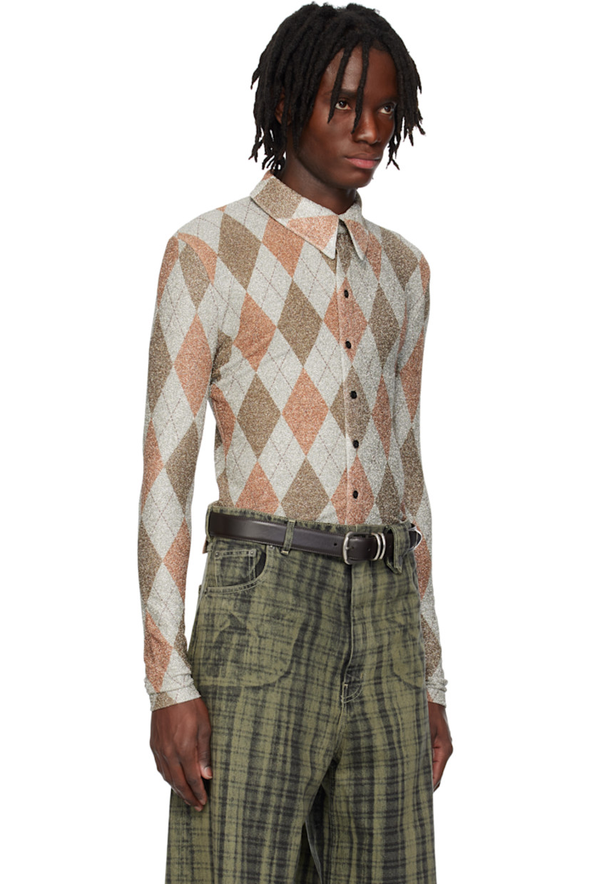 Stretch nylon-blend jersey shirt. Metallic thread detailing and printed argyle pattern throughout.

· Spread collar
· Button closure

Supplier color: Harry print
