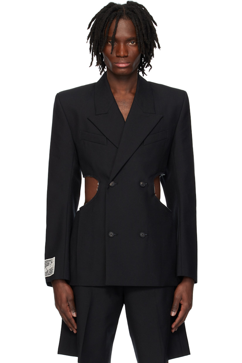 Wool twill blazer.

· Peaked lapel
· Double-breasted button closure
· Welt pockets at chest
· Darts at front
· Cutouts with raw edges at waist and elbows
· Padded shoulders
· Surgeon's cuffs
· Embroidered logo patch at cuff
· Central vent at back hem
· Full logo-woven satin lining

Supplier color: Tailoring black wool