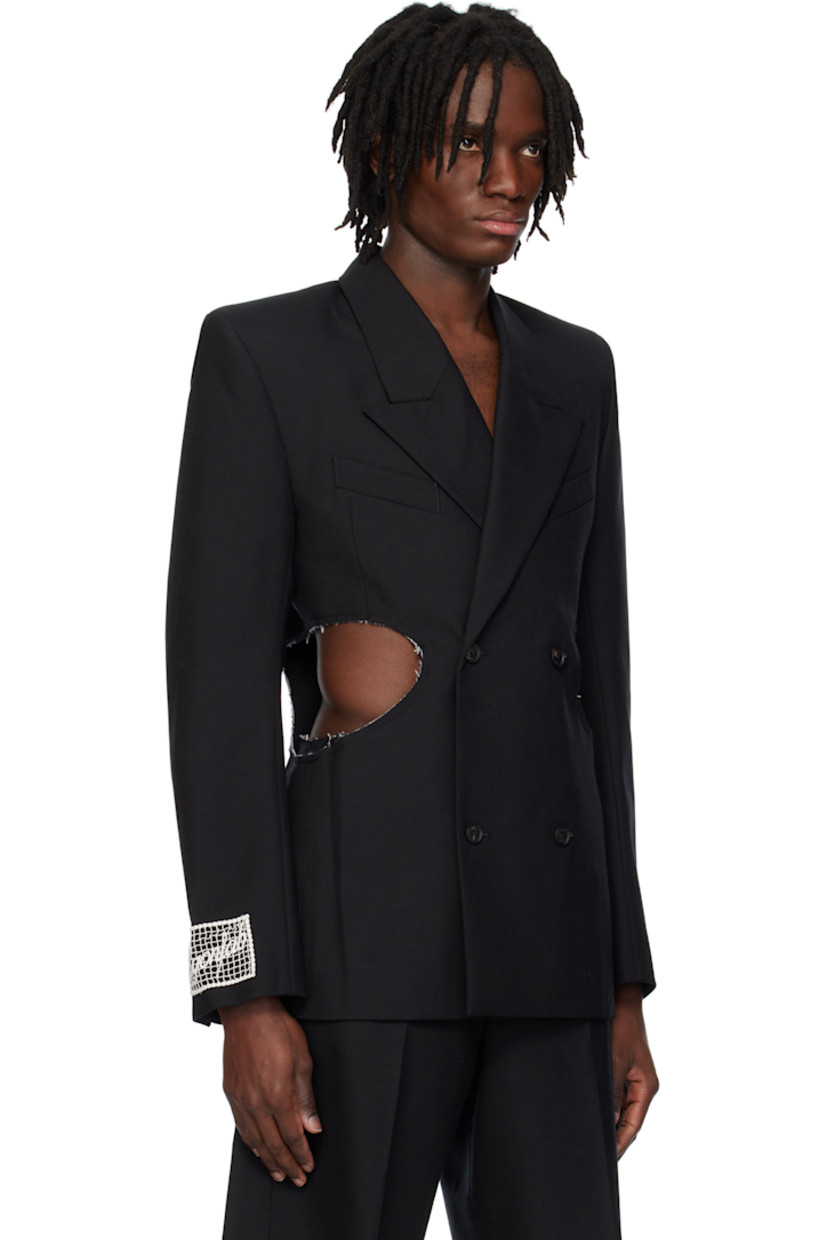 Wool twill blazer.

· Peaked lapel
· Double-breasted button closure
· Welt pockets at chest
· Darts at front
· Cutouts with raw edges at waist and elbows
· Padded shoulders
· Surgeon's cuffs
· Embroidered logo patch at cuff
· Central vent at back hem
· Full logo-woven satin lining

Supplier color: Tailoring black wool
