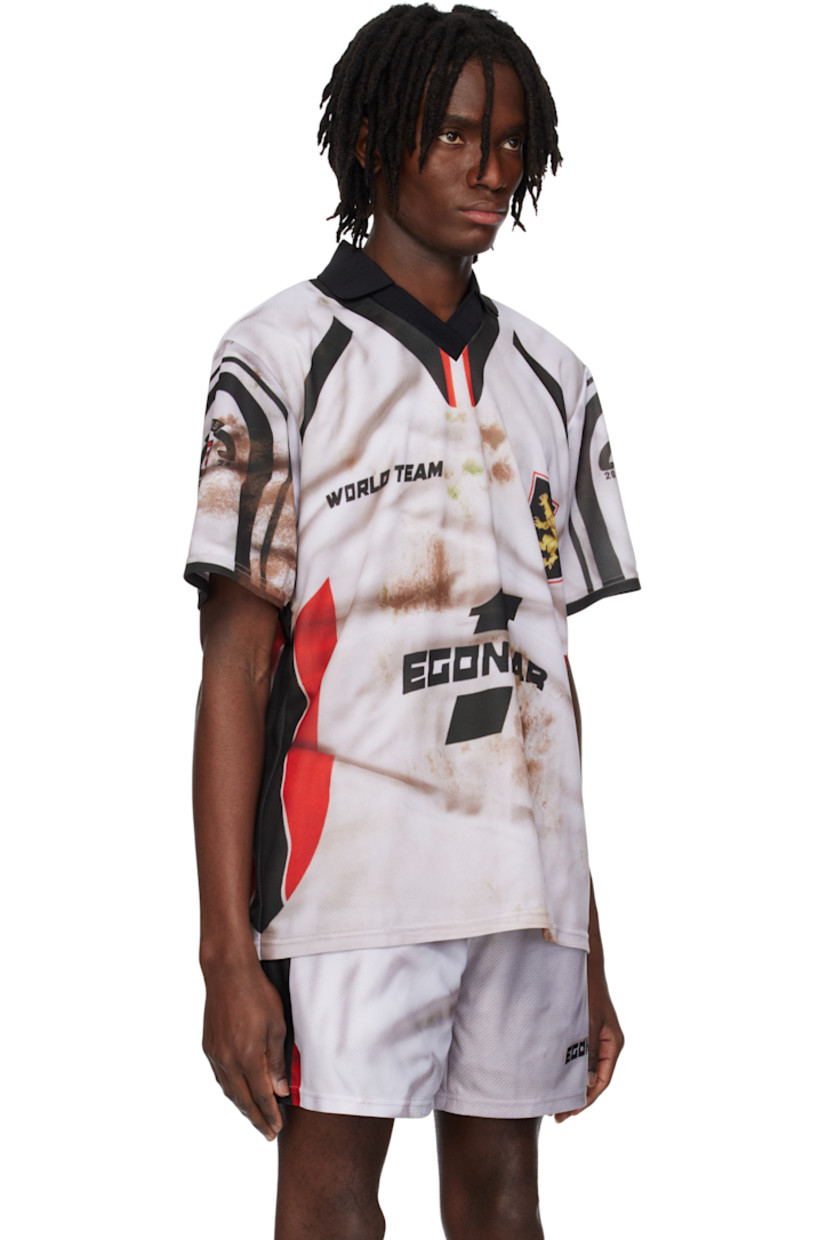 Polyester mesh polo. 

· Graphic pattern and logos printed throughout
· Rib-knit spread collar and open placket

Supplier color: Raintex sublimation