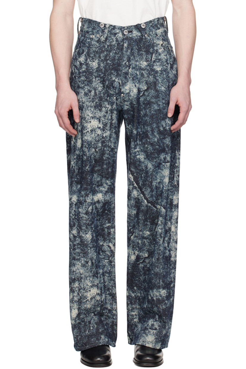 Non-stretch left-hand twill denim jeans. Indigo discharge-dyed pattern throughout.

· Belt loops
· Suspender buttons at waistband
· Five-pocket styling
· Button-fly
· Logo patch at back waistband
· Cinch strap at back

Each item is unique. Please note that coloration may vary.

Supplier color: Discharged indigo