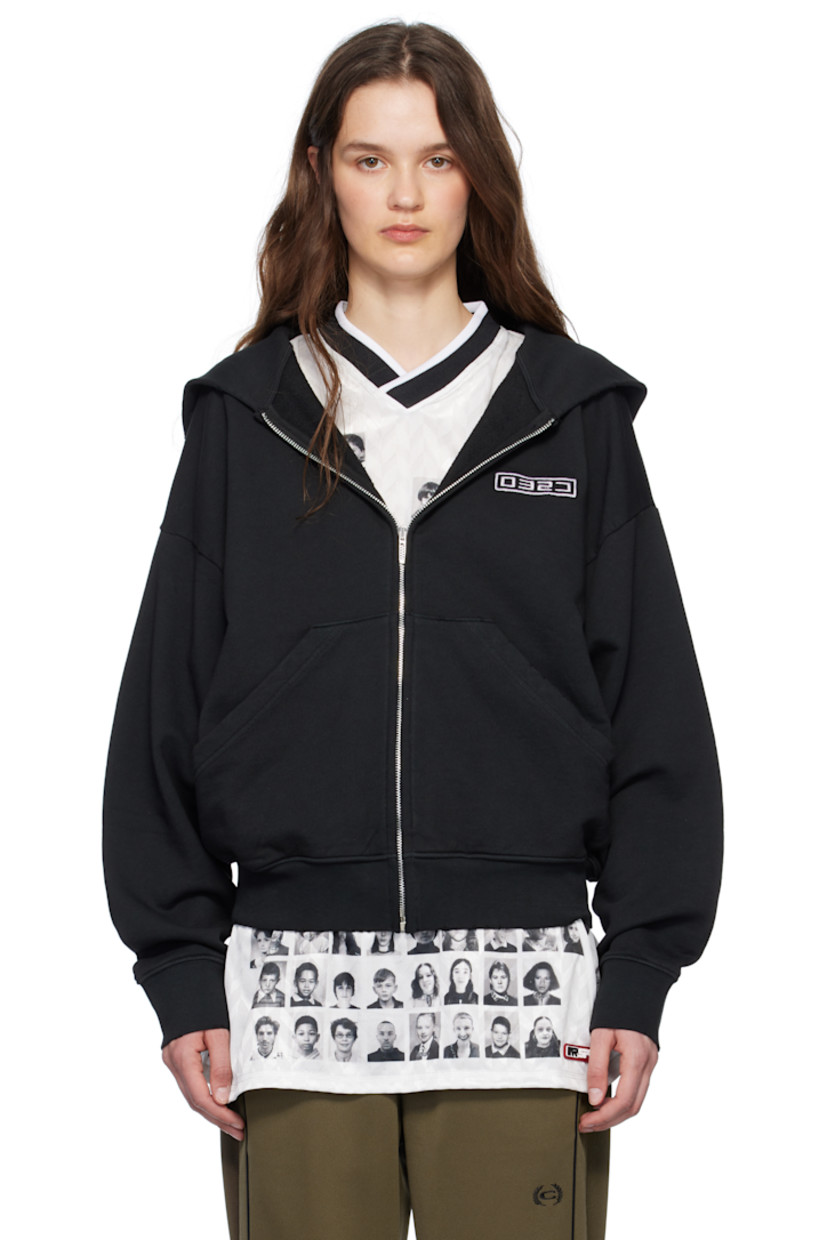 Organic cotton French terry hoodie. Subtle distressing throughout. 

· Zip closure 
· Logo embroidered at chest
· Patch pockets
· Rib-knit hem and cuffs
· Dropped shoulders
· Logo embroidered at back hem 

Supplier color: Faded black