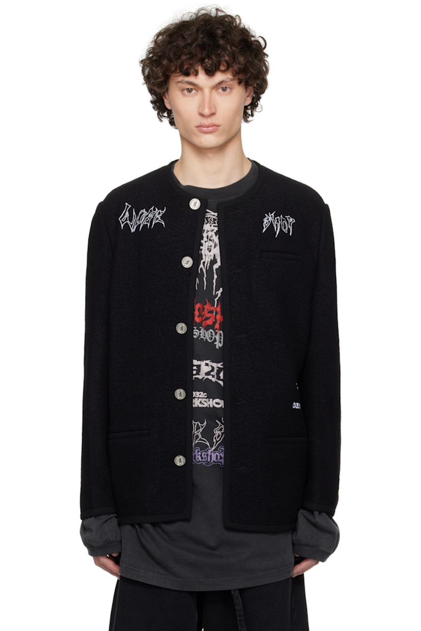 Boiled virgin wool jacket. Logo, text, and graphics embroidered throughout.

· Round neck
· Button closure
· Welt pockets
· Logo patch at sleeve

Supplier color: Black