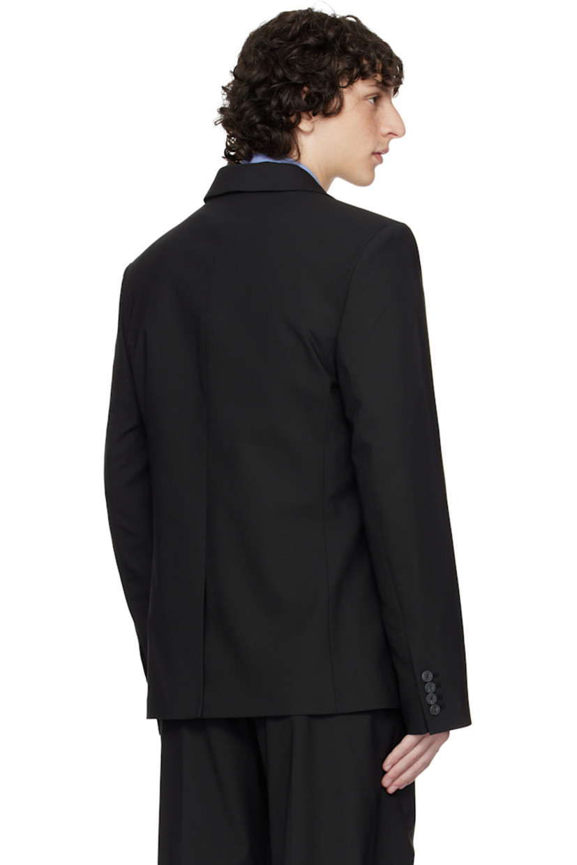 Plain-woven stretch polyester- and wool-blend blazer.

· Notched lapel
· Concealed button closure
· Welt pockets and darts at front 
· Padded shoulders
· Embroidered logo patch at sleeve
· Buttoned surgeon's cuffs
· Central vent at back hem 
· Welt pockets at interior 
· Full satin lining 

Supplier color: Black