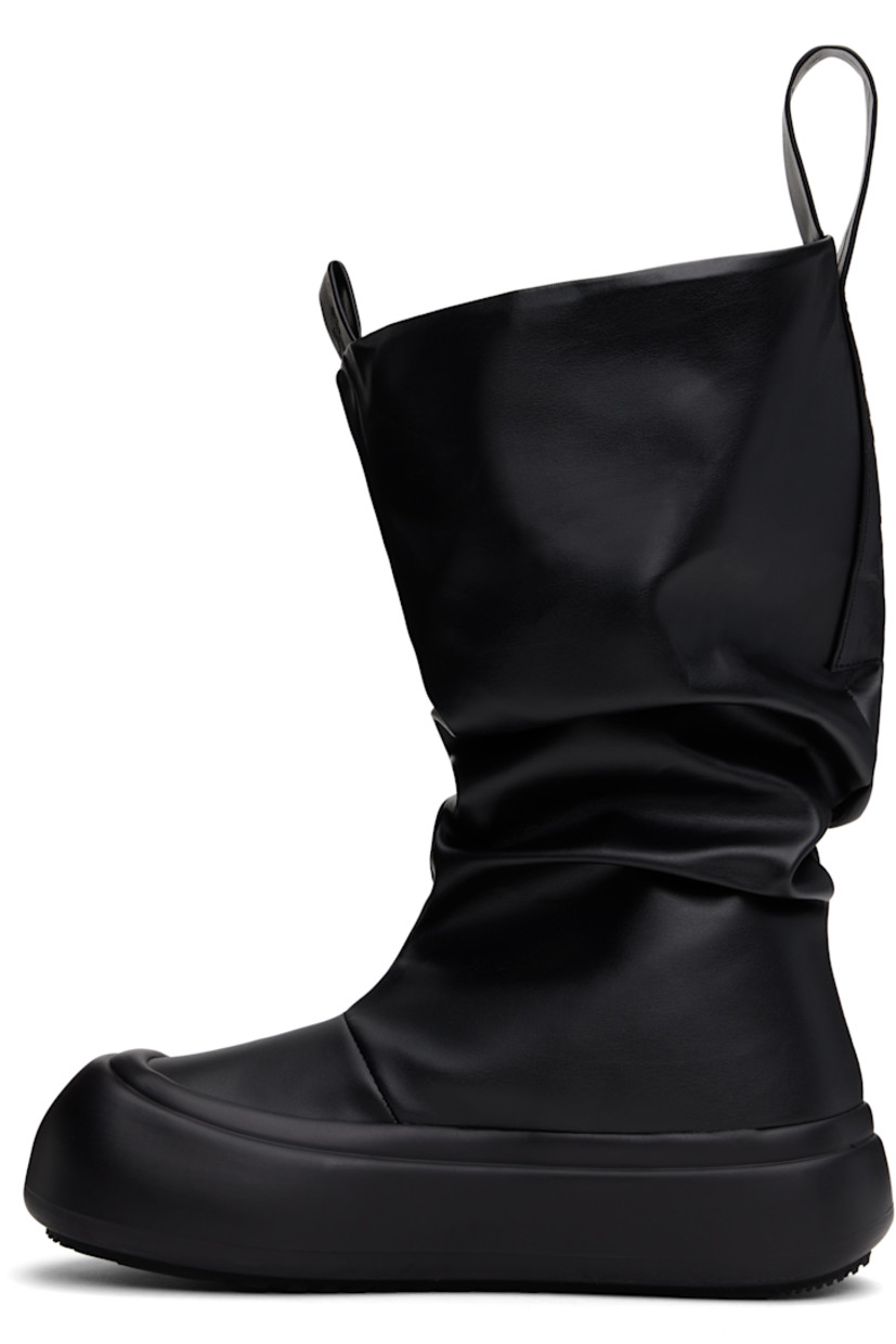Calf-high buffed faux-leather boots in black.

· Gathering throughout
· Rubber cap toe
· Logo-embossed pull-loops at collar
· Padded footbed
· Grained faux-leather lining
· Logo-embossed rubber platform midsole
· Treaded rubber sole
· Platform: H1.75"

Supplier color: Black