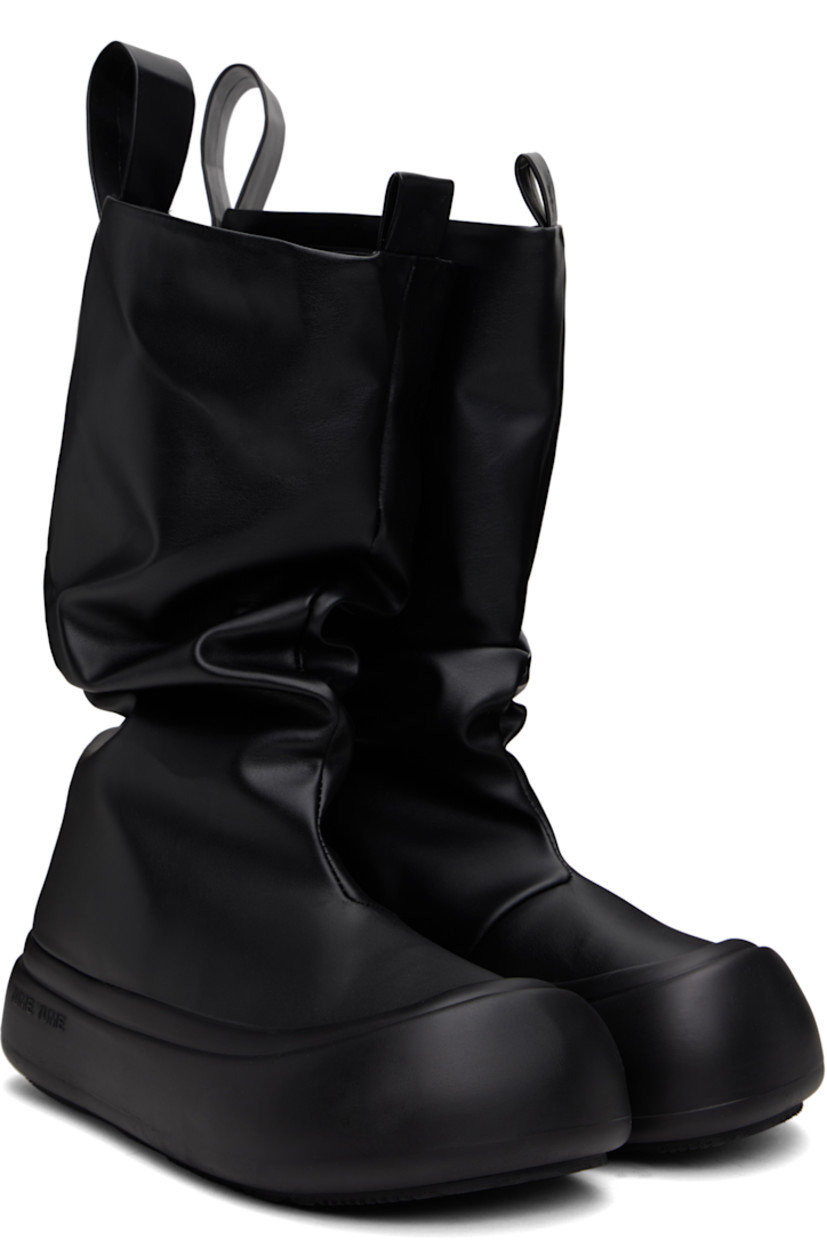 Calf-high buffed faux-leather boots in black.

· Gathering throughout
· Rubber cap toe
· Logo-embossed pull-loops at collar
· Padded footbed
· Grained faux-leather lining
· Logo-embossed rubber platform midsole
· Treaded rubber sole
· Platform: H1.75"

Supplier color: Black