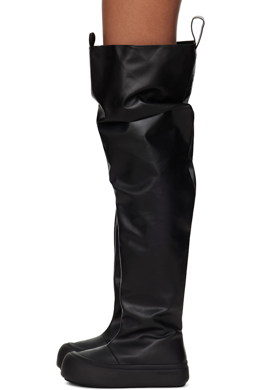 Thigh-high buffed faux-leather boots in black.

· Gathering throughout
· Logo-embossed pull-loops at collar
· Buffed faux-leather lining
· Rubberized trim at welt
· Logo embossed at midsole
· Treaded recycled rubber sole

Supplier color: Black
