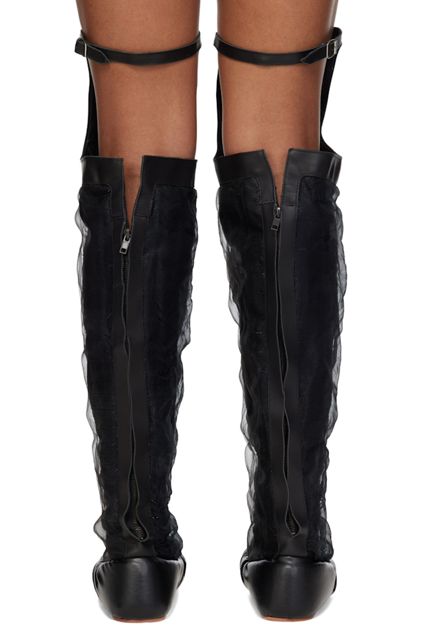 Over-the-knee buffed nappa leather and woven silk-blend boots in black.

· Mesh overlay throughout
· Pin-buckle strap at back knee
· Concealed zip closure at heel collar
· Leather sole

Supplier color: Black