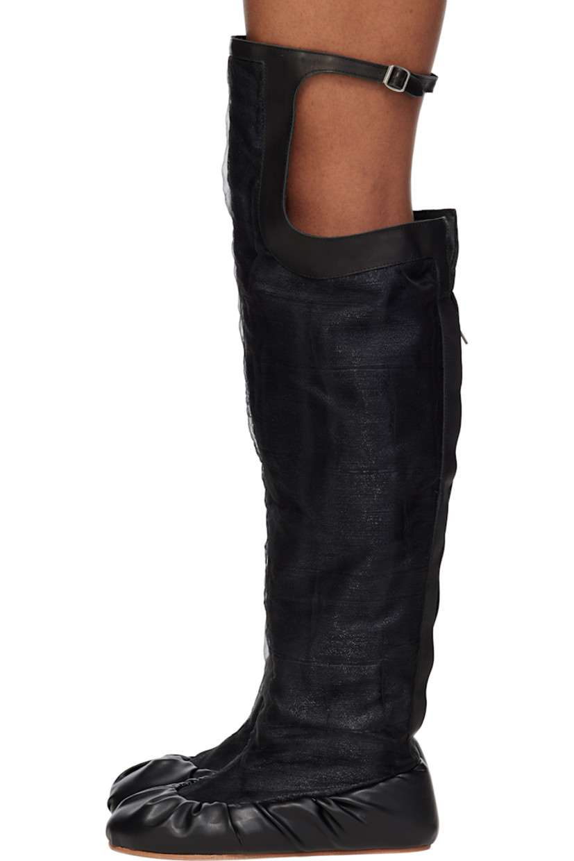 Over-the-knee buffed nappa leather and woven silk-blend boots in black.

· Mesh overlay throughout
· Pin-buckle strap at back knee
· Concealed zip closure at heel collar
· Leather sole

Supplier color: Black