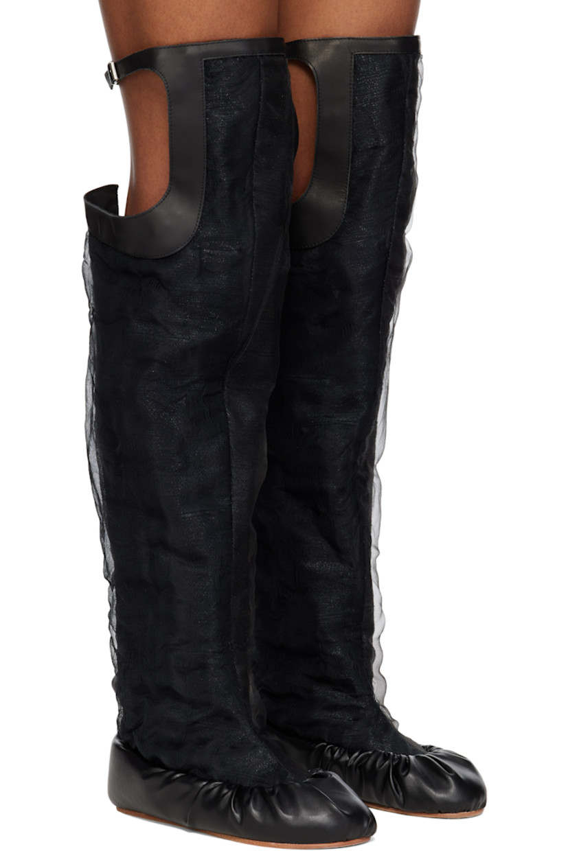 Over-the-knee buffed nappa leather and woven silk-blend boots in black.

· Mesh overlay throughout
· Pin-buckle strap at back knee
· Concealed zip closure at heel collar
· Leather sole

Supplier color: Black