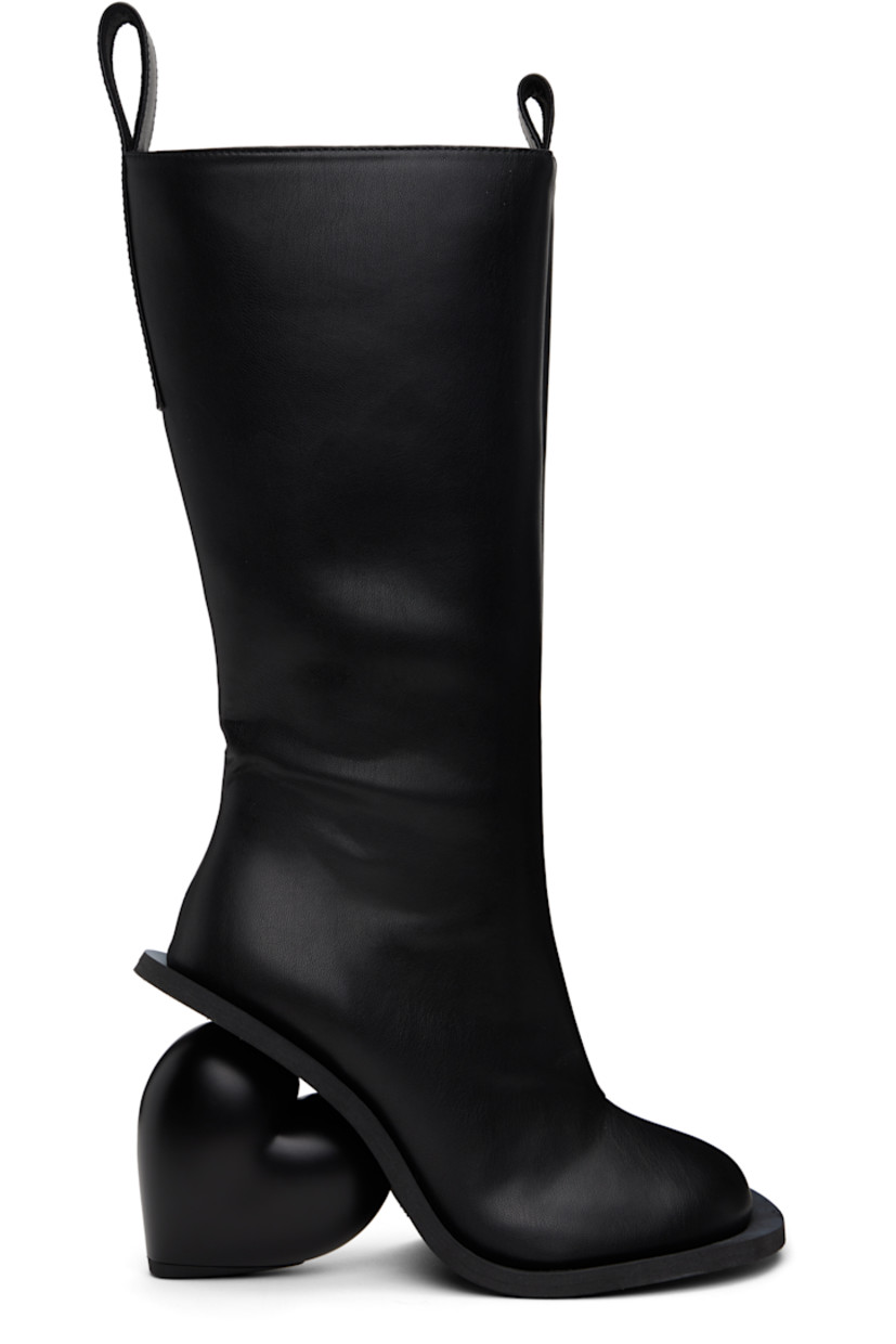 Knee-high buffed faux-leather boots in black.

· Logo-embossed pull-loops at collar
· Zip closure at inner side
· Sculptural wedge heel with rubber injection
· Neolite rubber sole
· Heel: H3.75"

Supplier color: Black