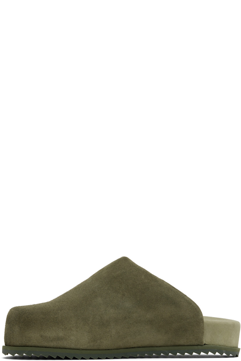 Padded suede slip-on loafers in khaki.

· Square toe
· Logo stamp at molded footbed
· Suede lining
· Treaded rubber sole

Supplier color: Olivia suede