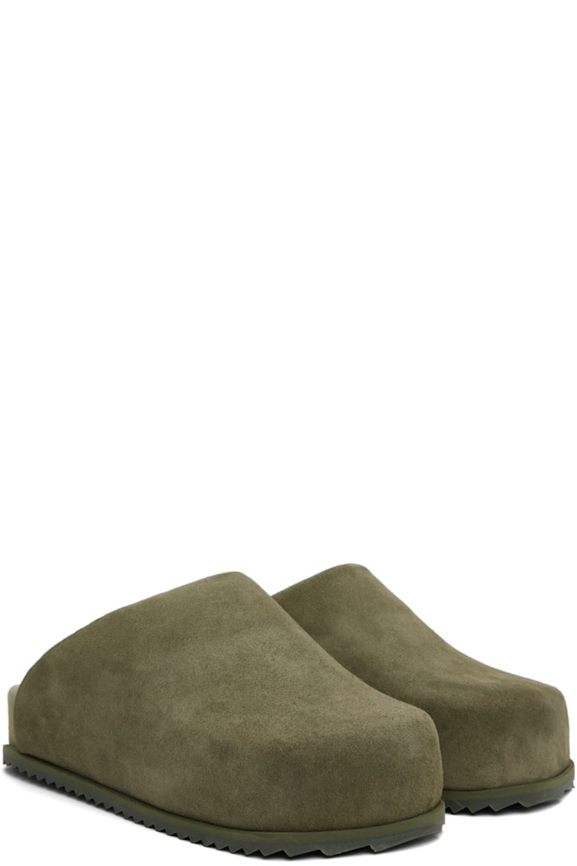 Padded suede slip-on loafers in khaki.

· Square toe
· Logo stamp at molded footbed
· Suede lining
· Treaded rubber sole

Supplier color: Olivia suede