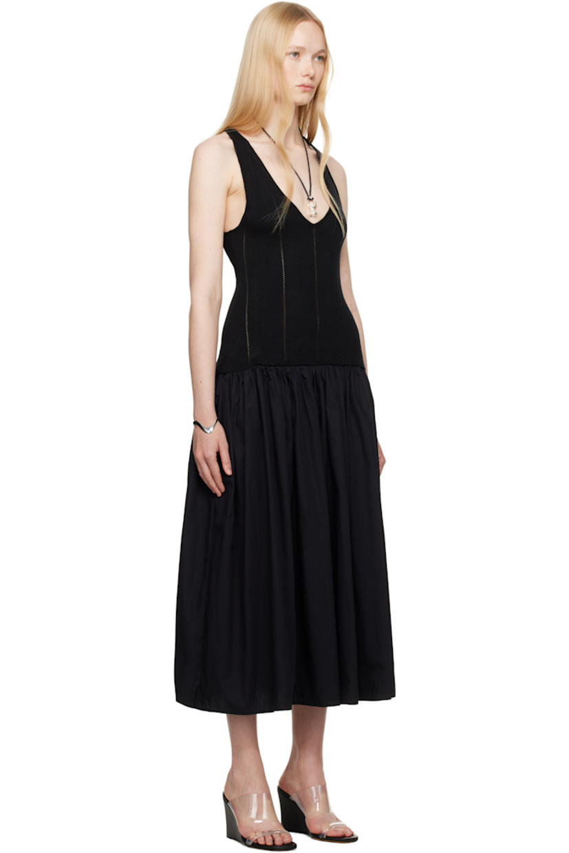 Knit rayon and lightweight cotton poplin midi dress.

· Paneled construction
· Plunging scoop neck
· Pointelle stripes at bodice
· Gathering at waist
· Seam pockets
· Racer back

Supplier color: Black